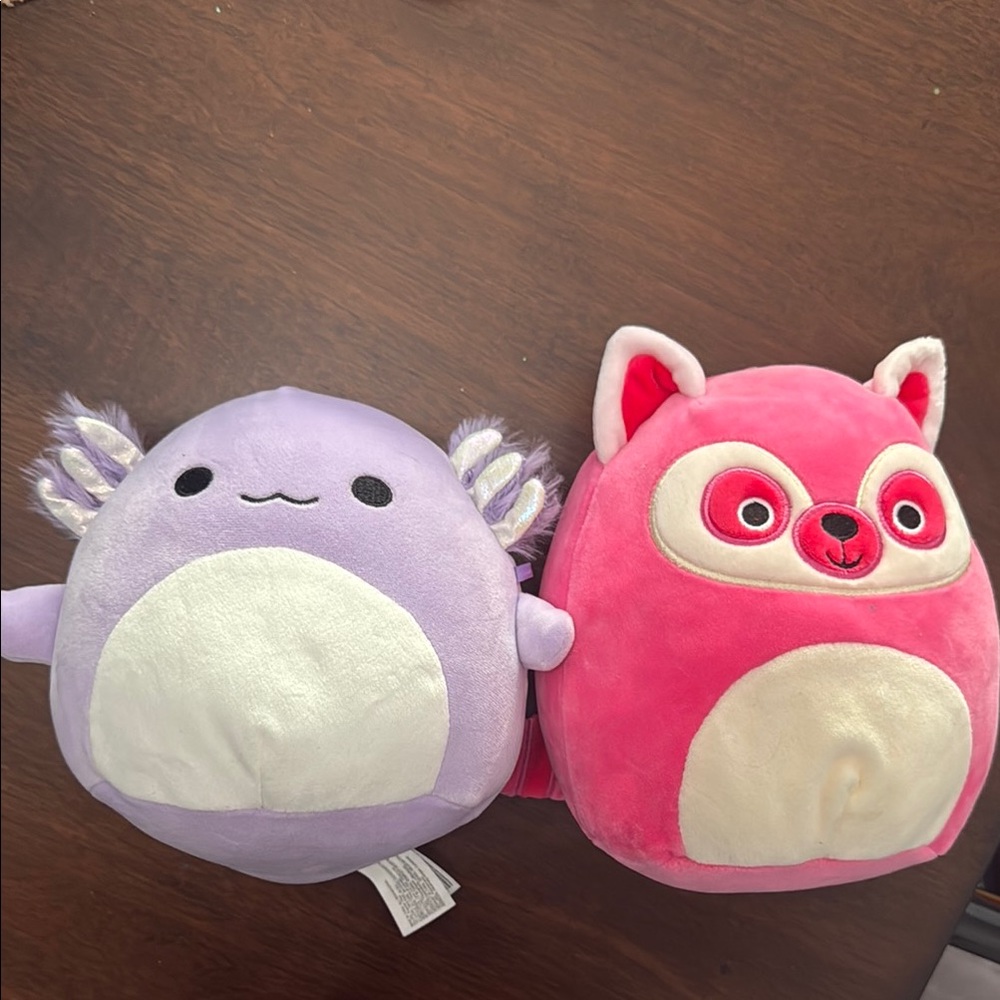 Squishmallows Pink Raccoon and Purple axolotl Stuffed Animals